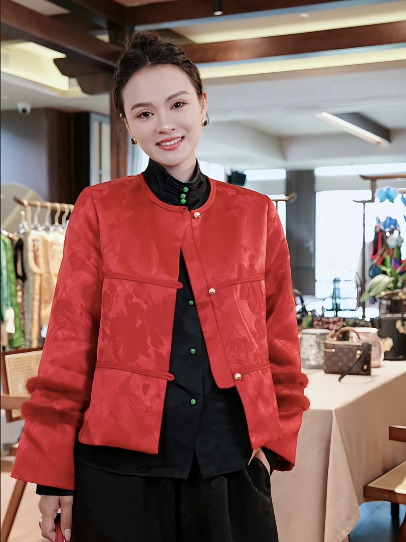 【汪汪专属】新中式真丝混纺冠乐皱袖口拼水貂毛夹棉外套30748