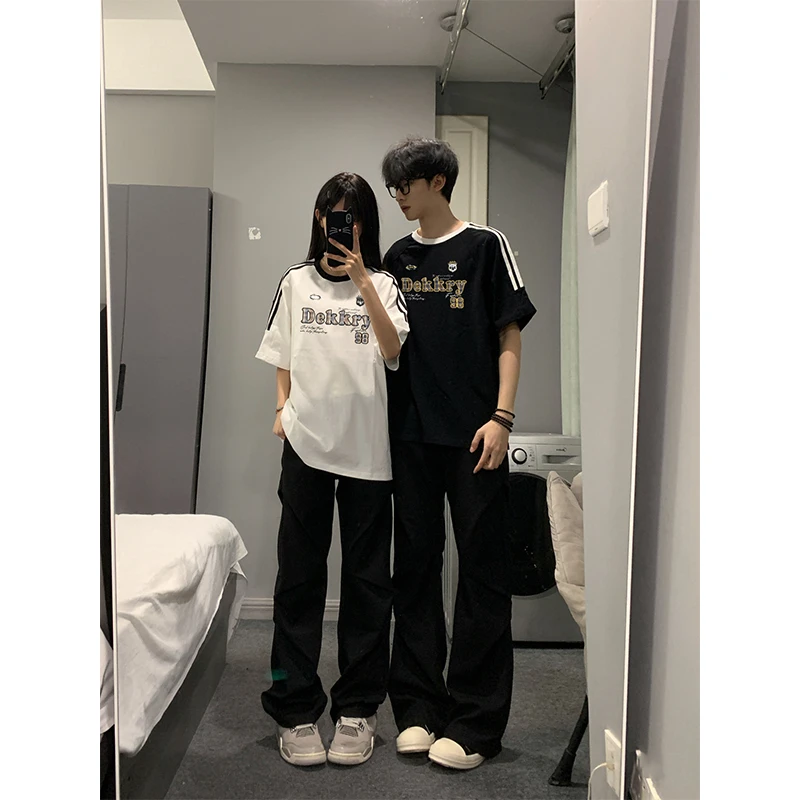 美式潮牌字母印花重磅纯棉短袖T恤男春夏季百搭三条杠情侣款上衣