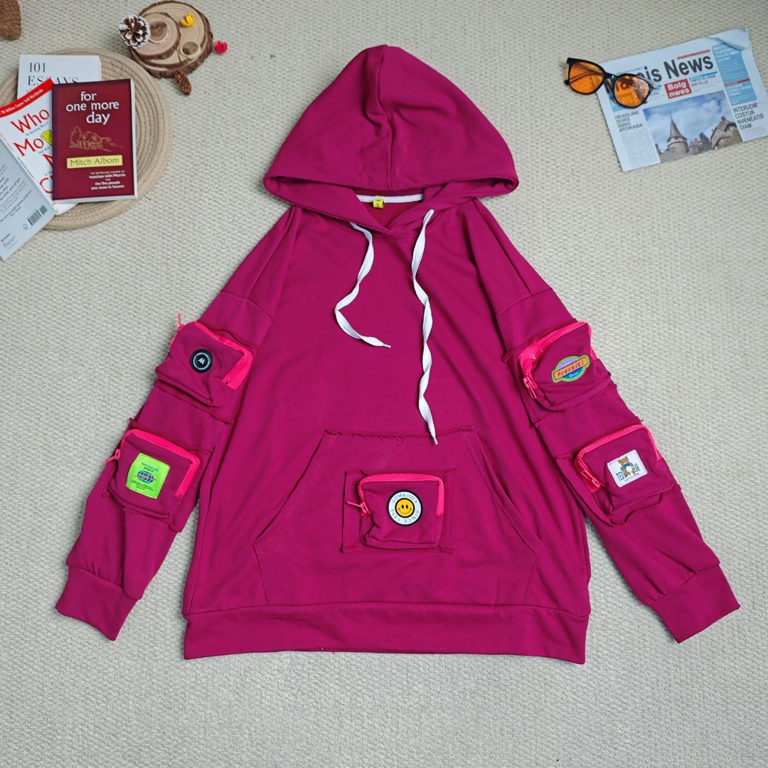 2025春季新款休闲时尚纯色多口袋加绒加厚连帽卫衣8920