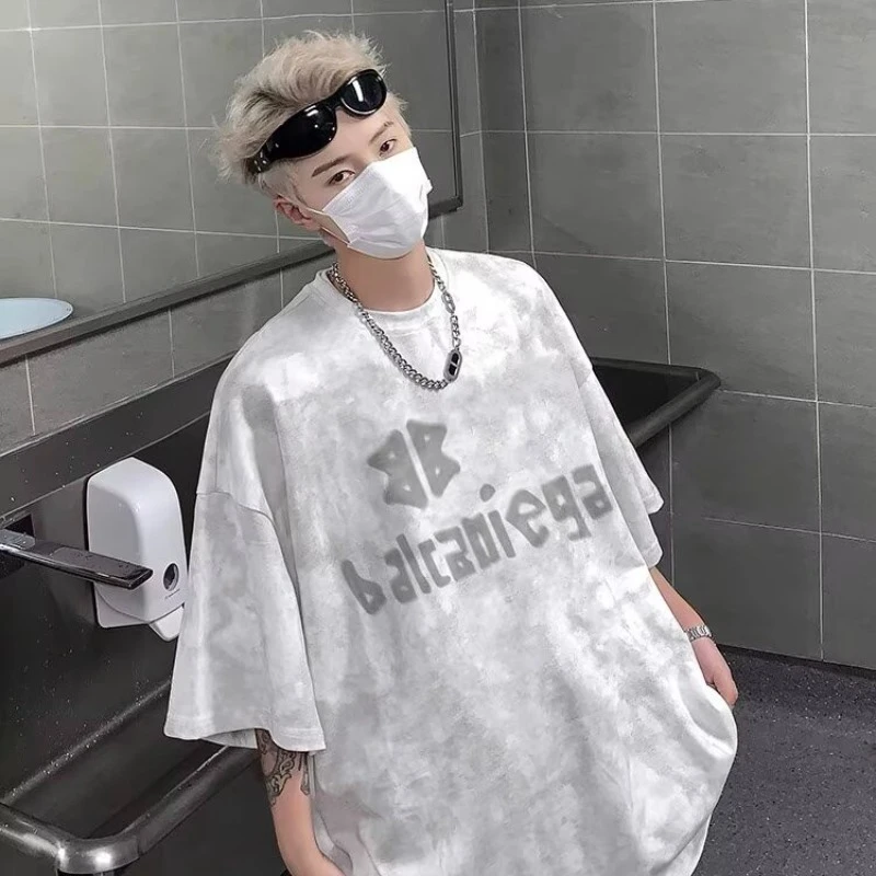 黑色扎染短袖t恤男潮牌2022夏天冰凉ins潮流港风美式国潮高街衣服