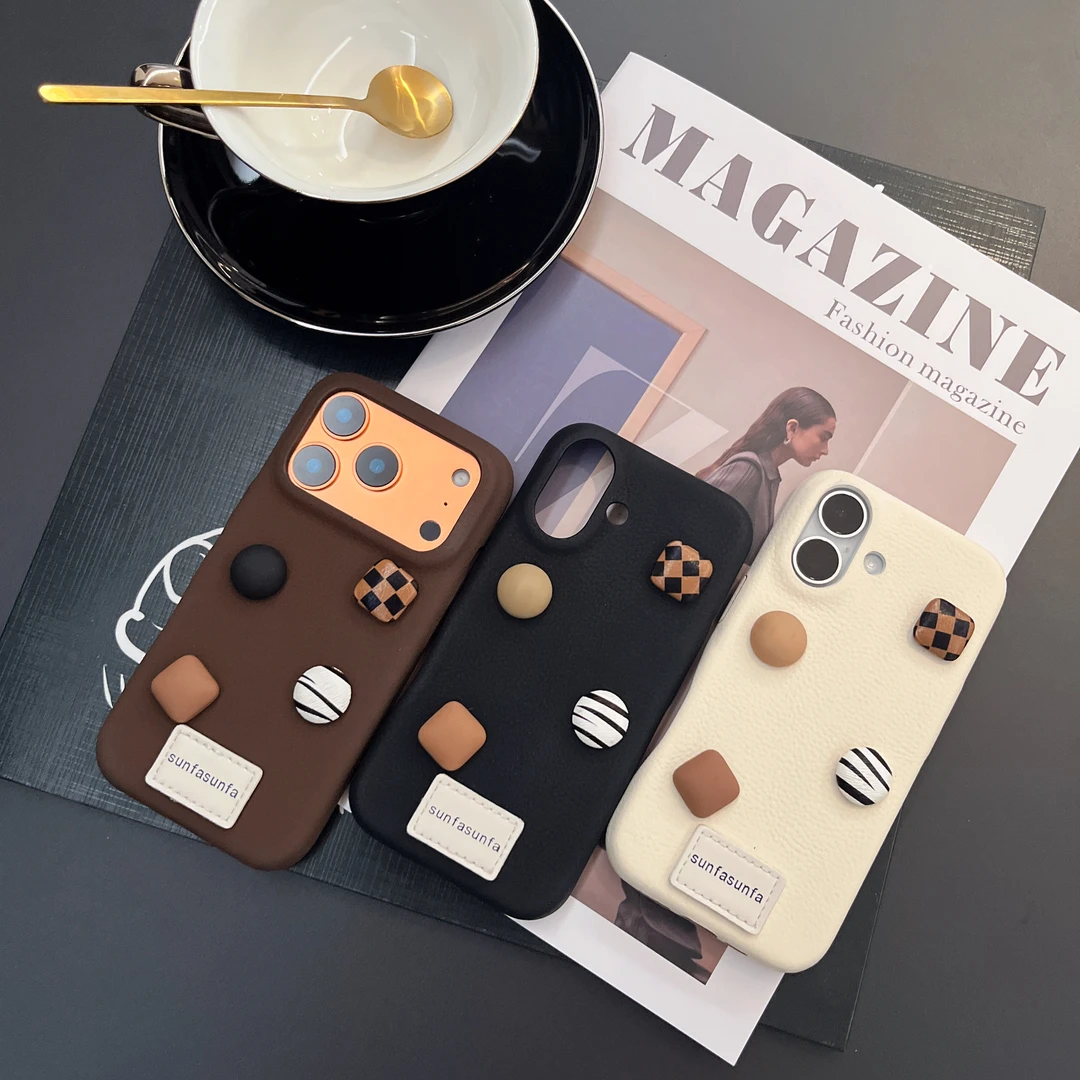 适用iPhone17Promax高级感仿皮立体纽扣ins韩系16Pro苹果手机壳