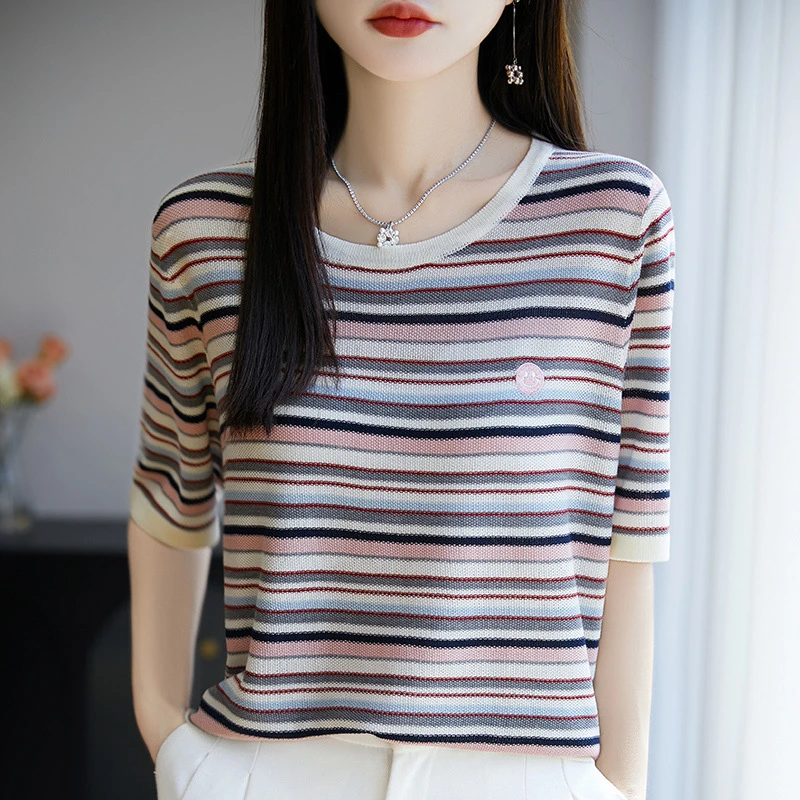 莱赛尔天丝撞色条纹圆领针织短袖t恤小众薄款彩条刺绣五分袖上衣