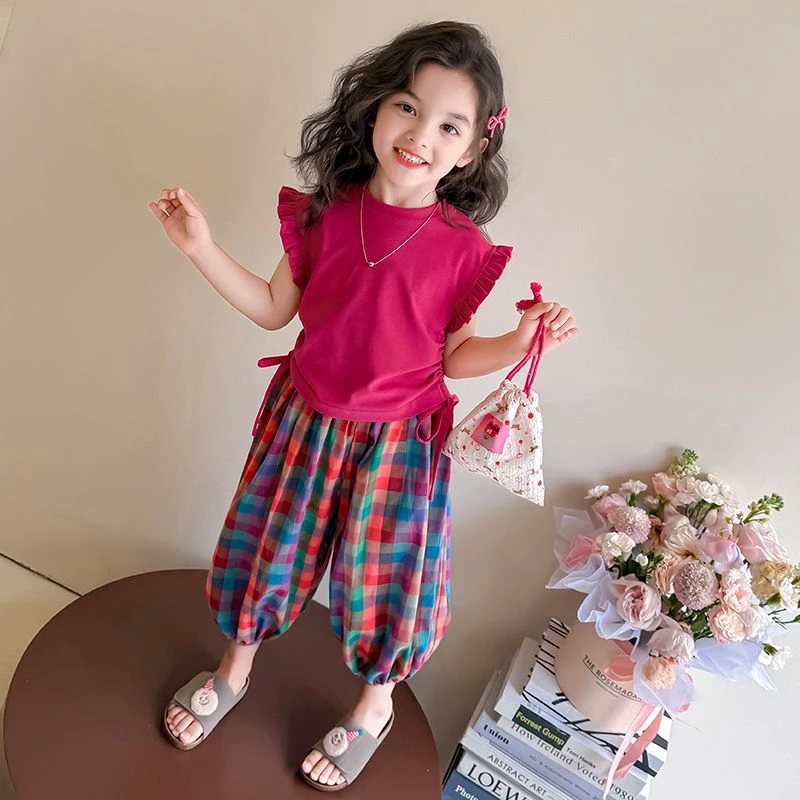 夏季薄款女女童宽松女宝套装小童格子运动常规千金风网红