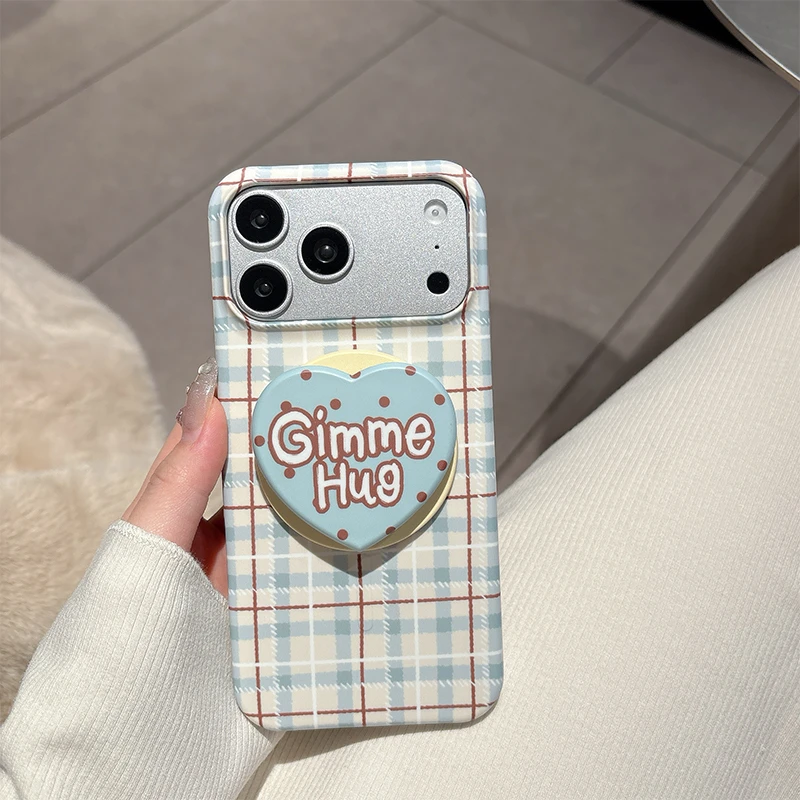 ins风蓝棕格纹适用苹果17promax手机壳16pro磁吸支架15pro菲林壳