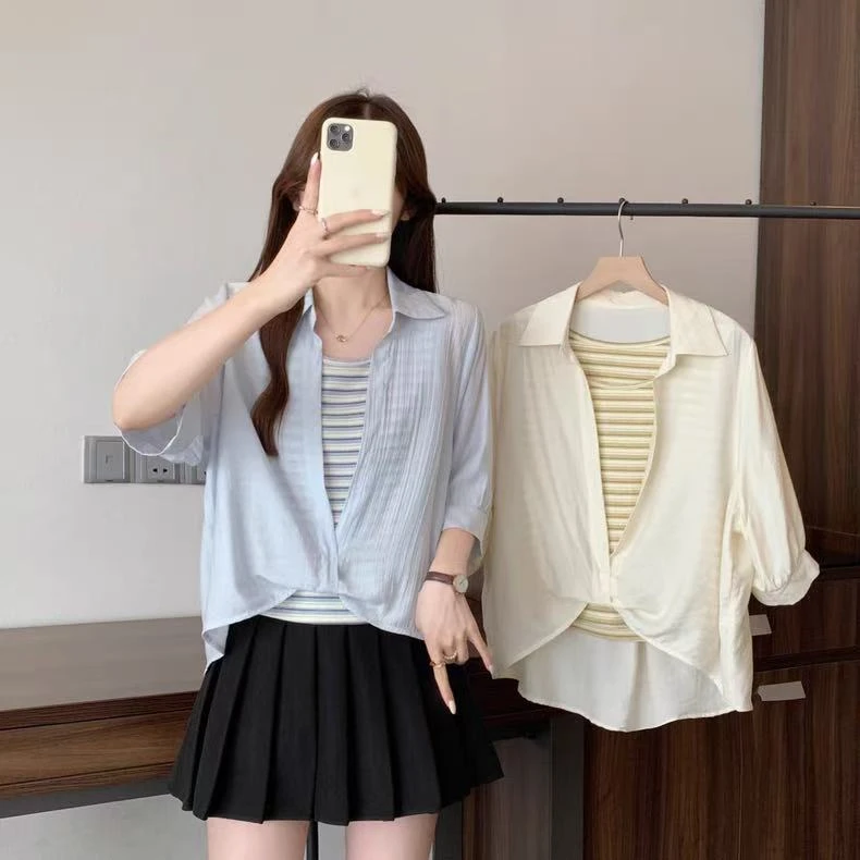 2025夏新款胖mm大码设计感扭结两件套背心衬衫休闲通勤显瘦上衣女