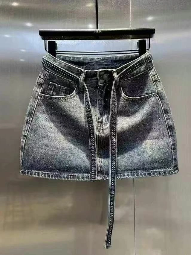 夏季辣妹风渐变色烫钻气质百搭牛仔半身裙防走光A字裤裙