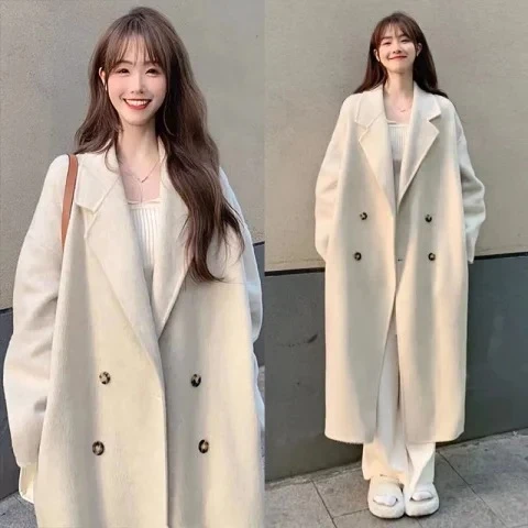 呢子大衣女秋冬季新款韩版气质双排扣宽松中长款宽松加厚毛呢外套