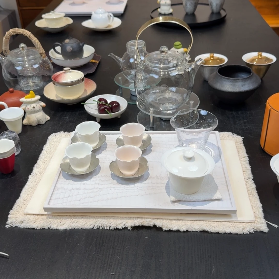 茶盘马蹄盖碗气泡公杯4个花瓣杯4个锡杯托温差器烧水壶茶巾
