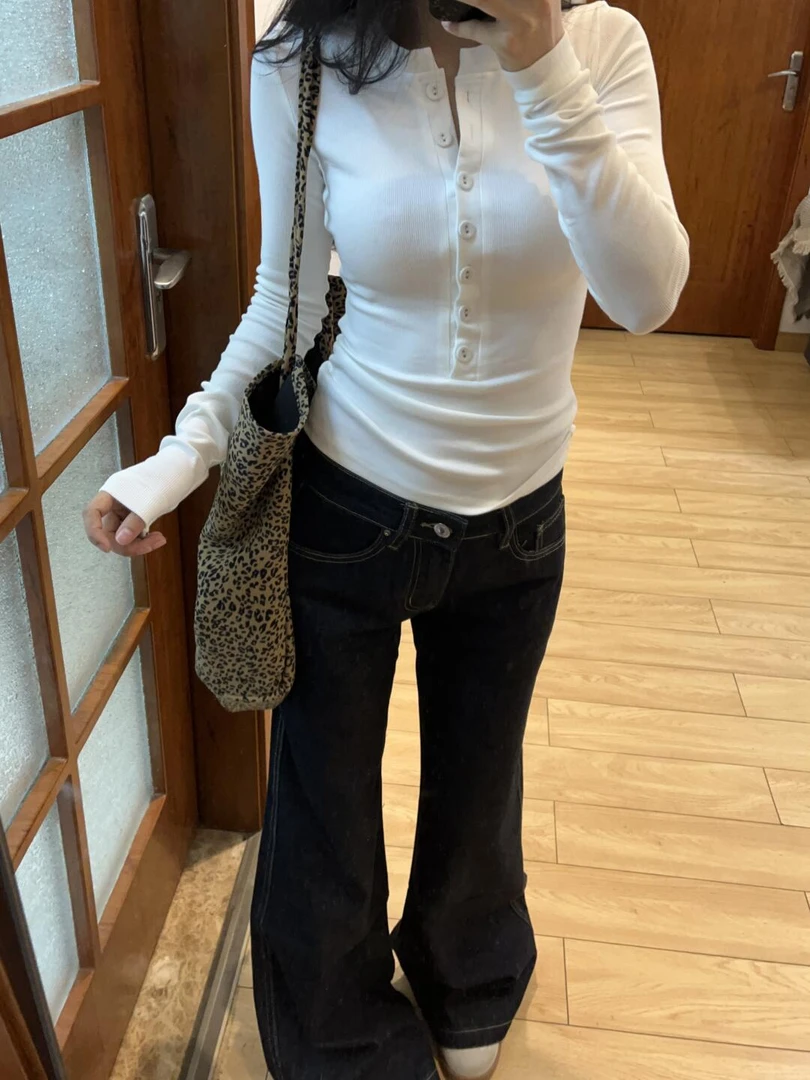美式辣妹复古深蓝色水洗微喇牛仔裤女低腰宽松阔腿喇叭拖地裤子