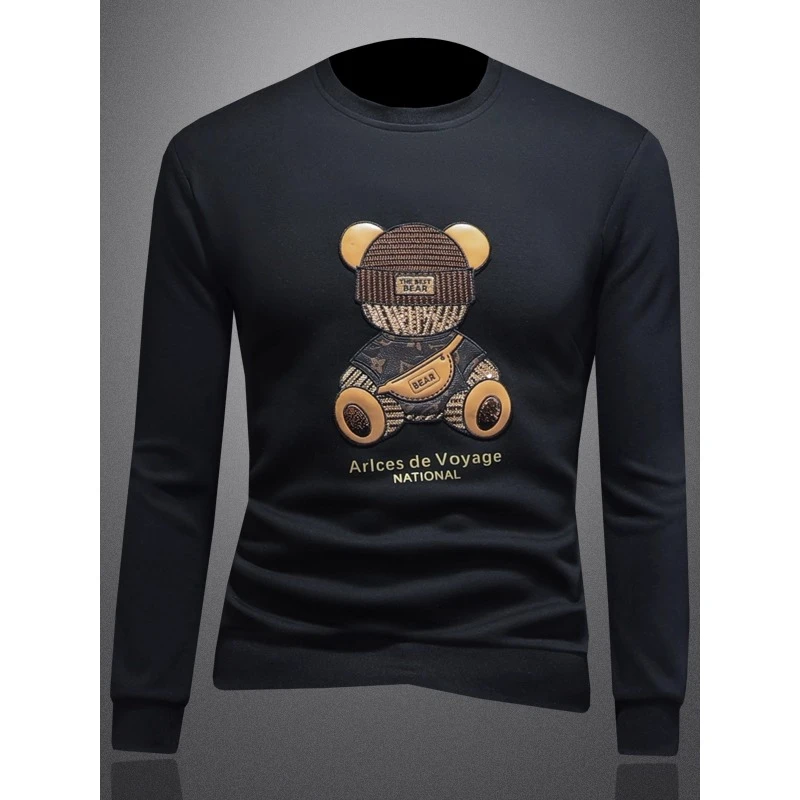 高端卡通小熊刺绣t恤男士欧洲站春秋季新款潮牌痞帅圆领长袖上衣