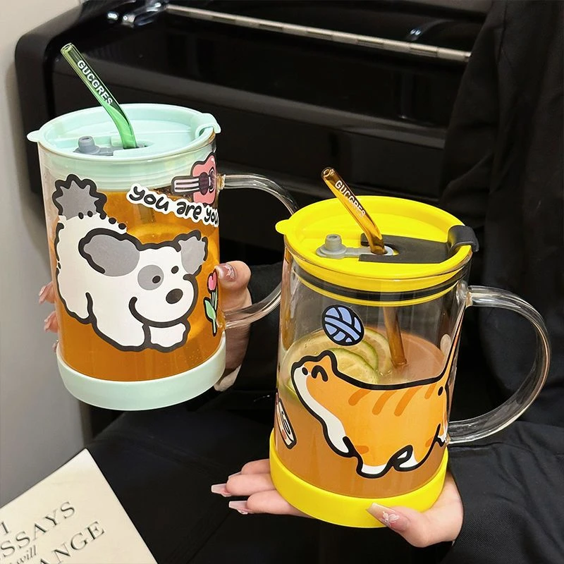 硅胶底大容量玻璃杯耐高温把手吸管杯ins办公室喝水杯子带盖家用