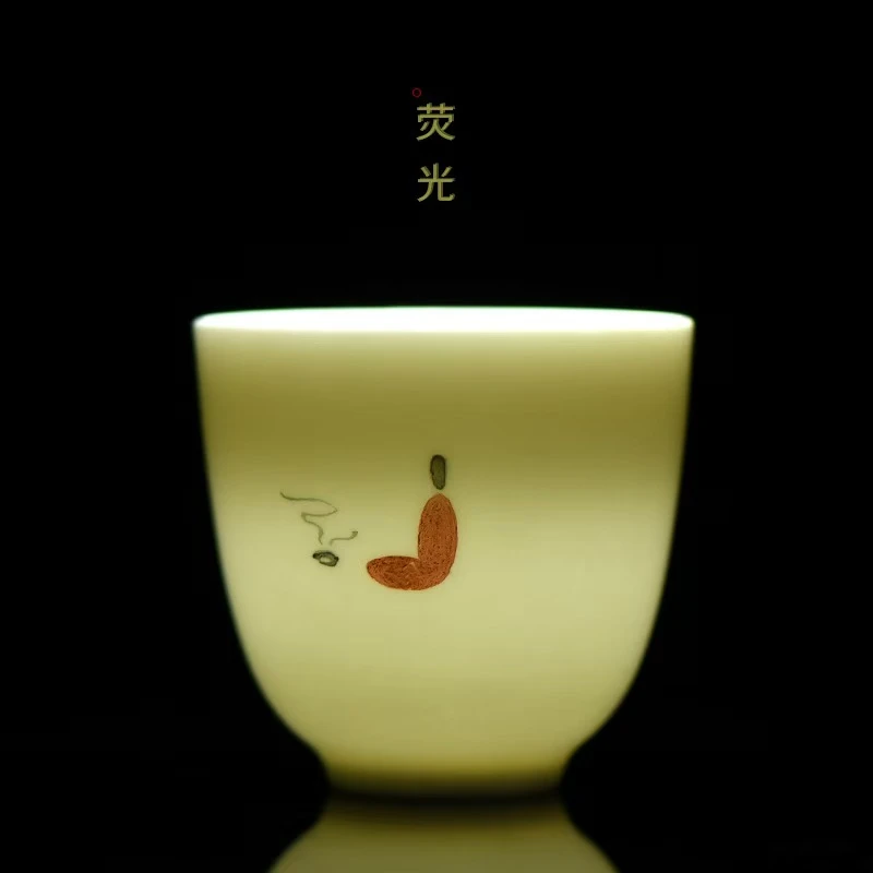 文创手绘白瓷禅意主人杯杯子礼物茶道水杯茶具品茗杯荧光家用瓷杯