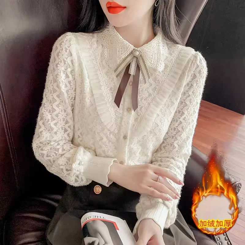加绒加厚蕾丝打底衫女秋冬新款洋气娃娃领衬衫宽松
