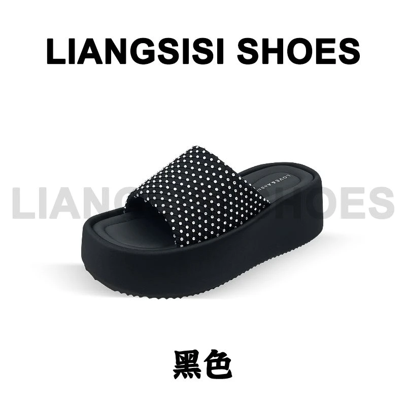 梁思思SHOES新款百搭不累脚厚底水钻一字拖-9658