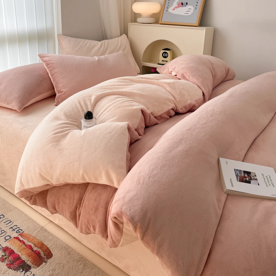 冬季牛奶绒四件套极简纯色风被套保暖双面三件套珊瑚绒床上加绒