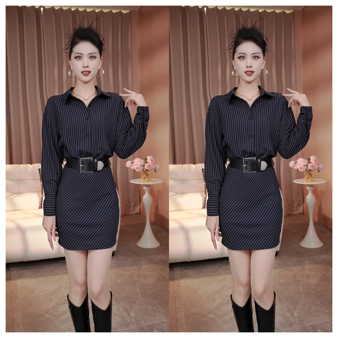 秋季新款时尚复古气质条纹收腰长袖衬衫连衣裙包臀裙御姐风连衣裙