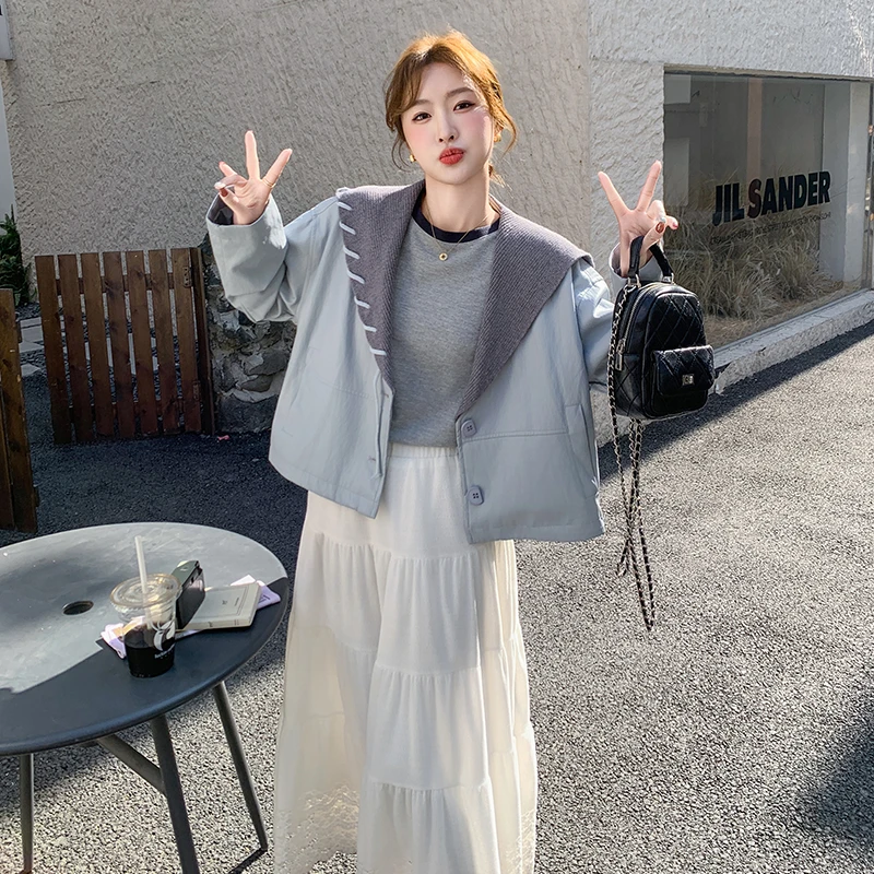 蓝色短款针织海军领蛋白皮皮衣外套女2025年春季新款超好看夹克潮