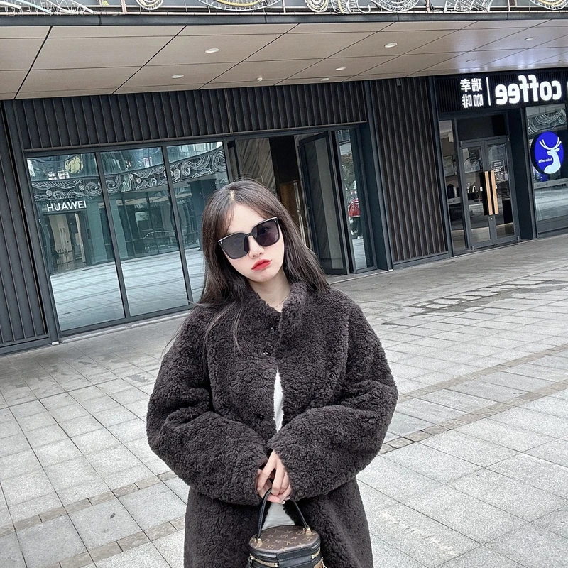 绵羊毛外套2025秋冬季羊毛外套圆领女中长款百搭时尚新款8966