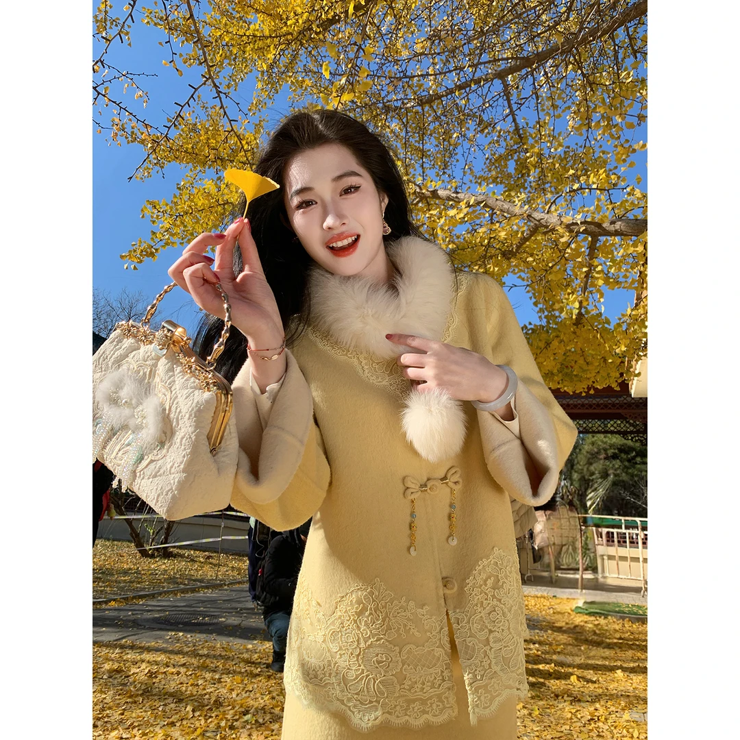 凌茜恣禾【松花引】国风新中式双面呢加厚蕾丝外套女冬季半身裙套装
