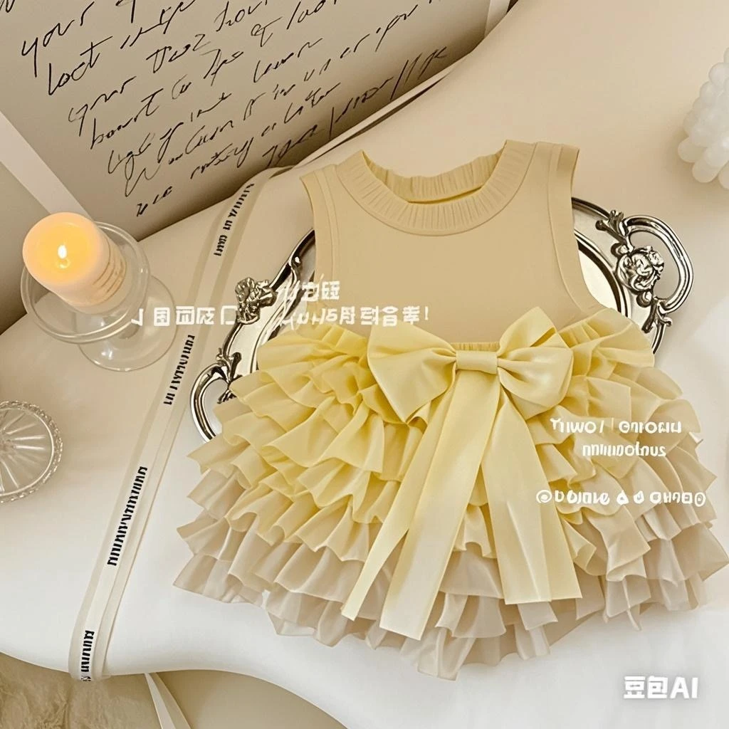女小童黄色吊带背心套装2025夏季网纱宝宝tutu蓬蓬短裙洋气两件套