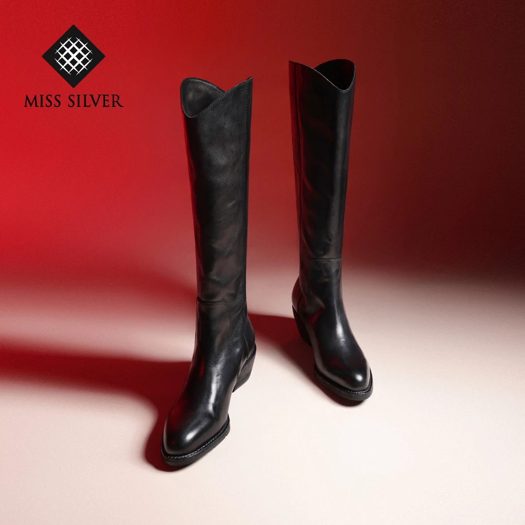 MISSSILVER黑色真皮粗跟长靴女2025冬季新款圆头显瘦高筒靴