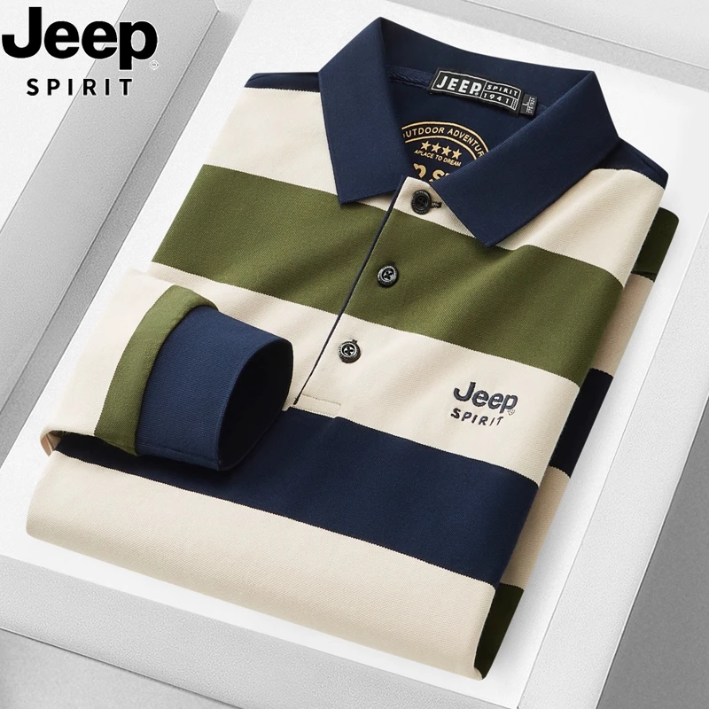 吉普条纹POLO衫男2025新款春秋季纯棉宽松休闲中年翻领长袖t恤男