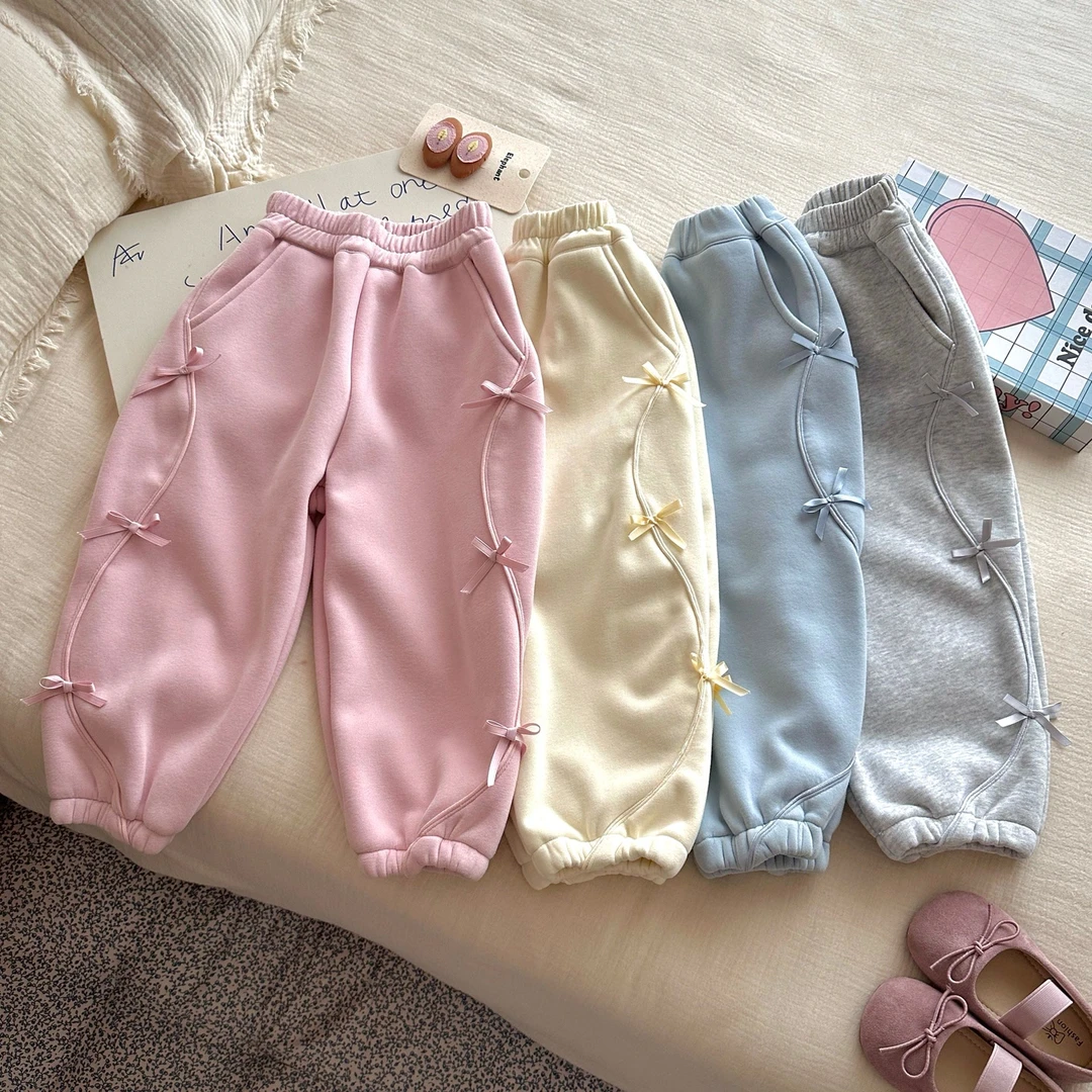 【专柜同款】秋冬加绒女宝蝴蝶结卫裤休闲宽松百搭针织裤DGK57017