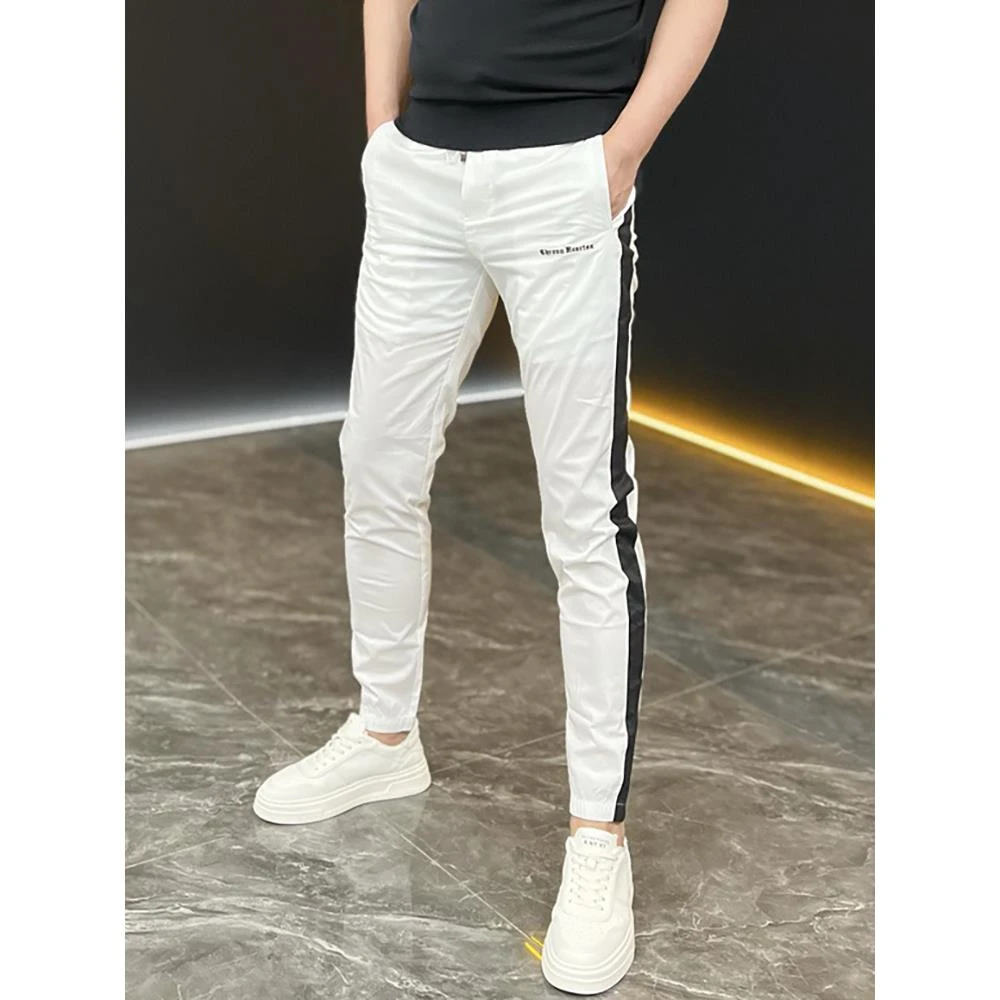 2025夏季薄款条纹冰丝速干男士休闲裤百搭修身弹力束脚运动哈伦裤