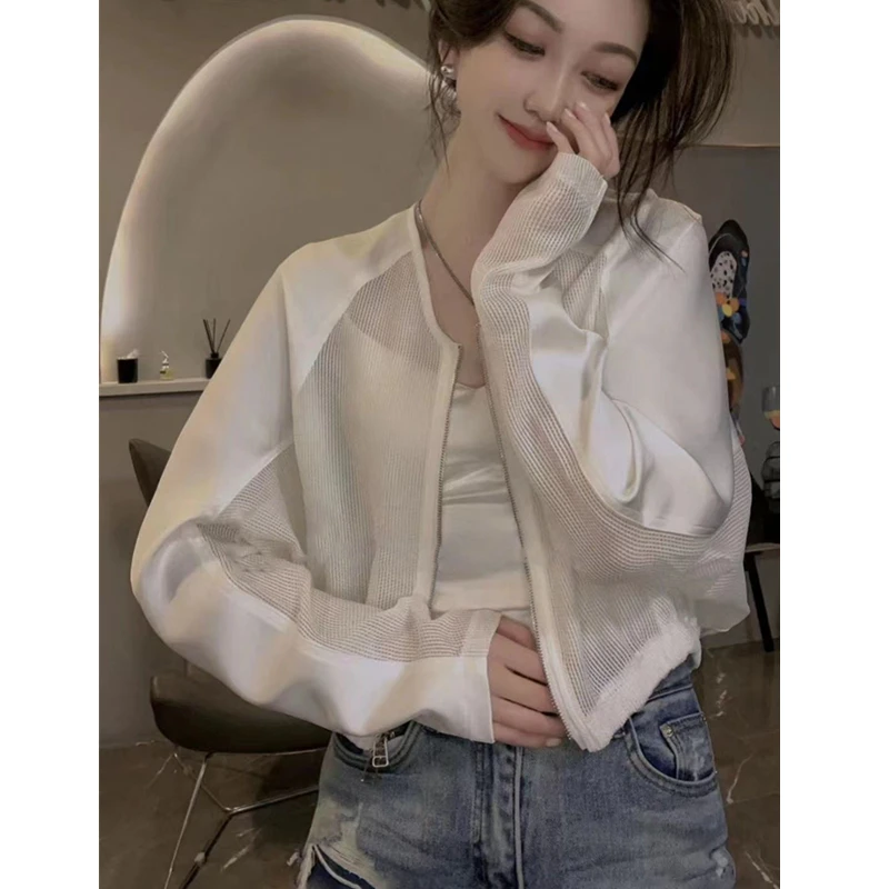 夏季新款缎面拼接网纱欧货防晒衣短款外套女百搭设计感夹克上衣