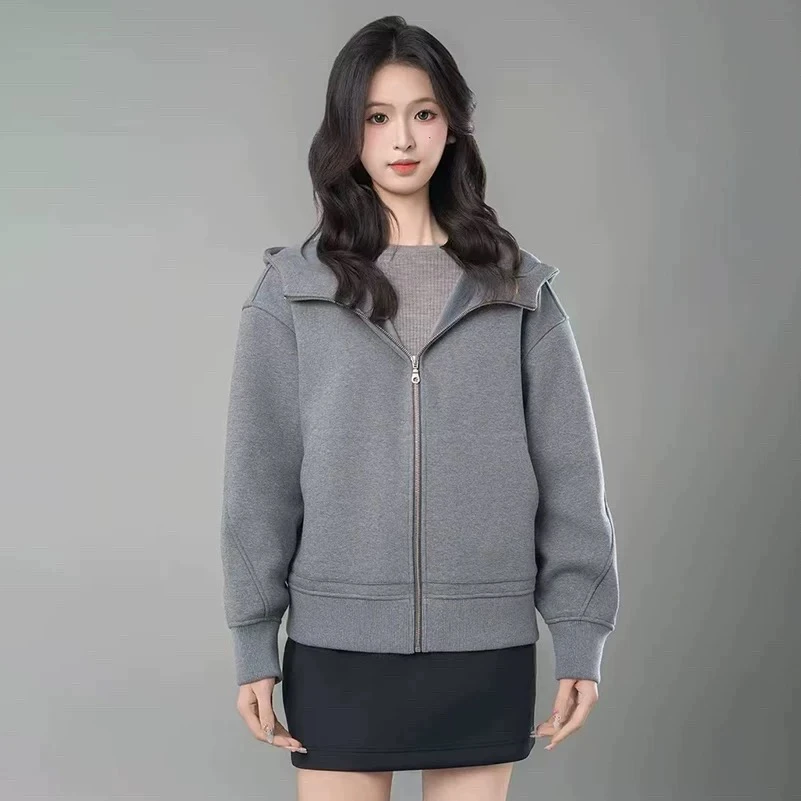 阿玛施【官方正品】新款格雷系时尚休闲宽松连帽拉链卫衣女 5400935