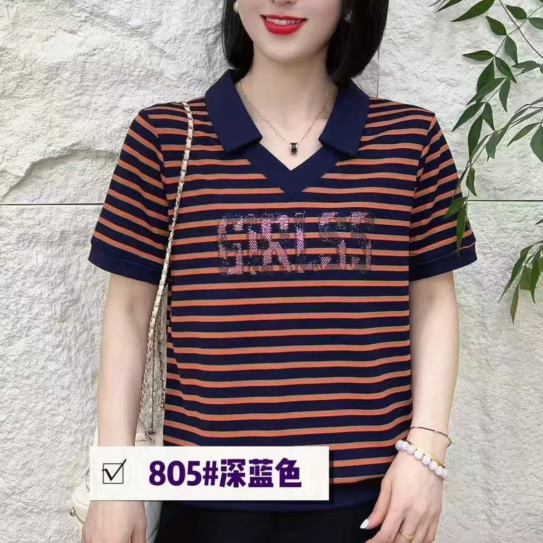 新款条纹翻领短袖