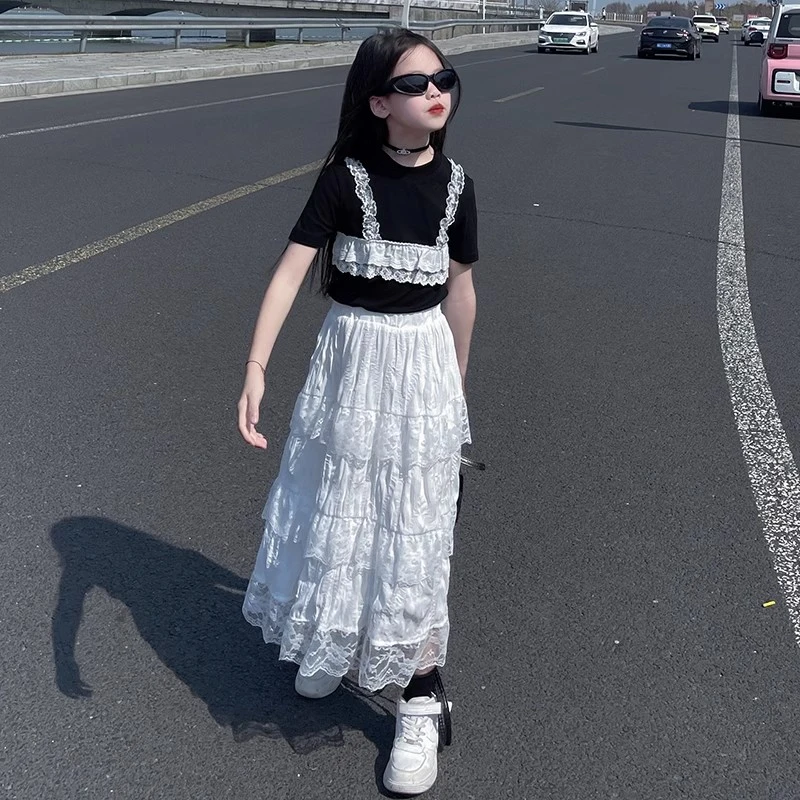 女童夏季蕾丝花边假两件T恤洋气2025新款女孩公主风蛋糕裙两件套