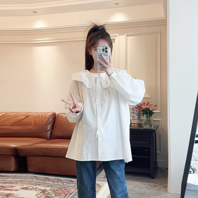 ◆诺初孕妇装◆春装2025新款时尚娃娃领上衣长袖衬衫女纯色花瓣领