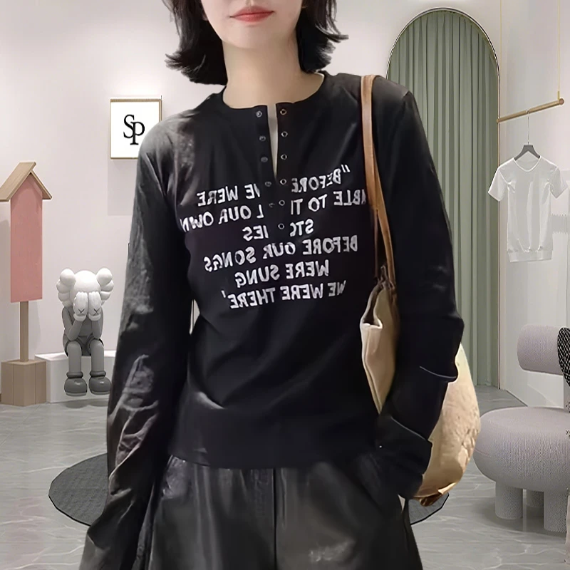 新款美式修身设计辣妹字母长袖印花T恤显瘦慵懒风短款打底上衣女