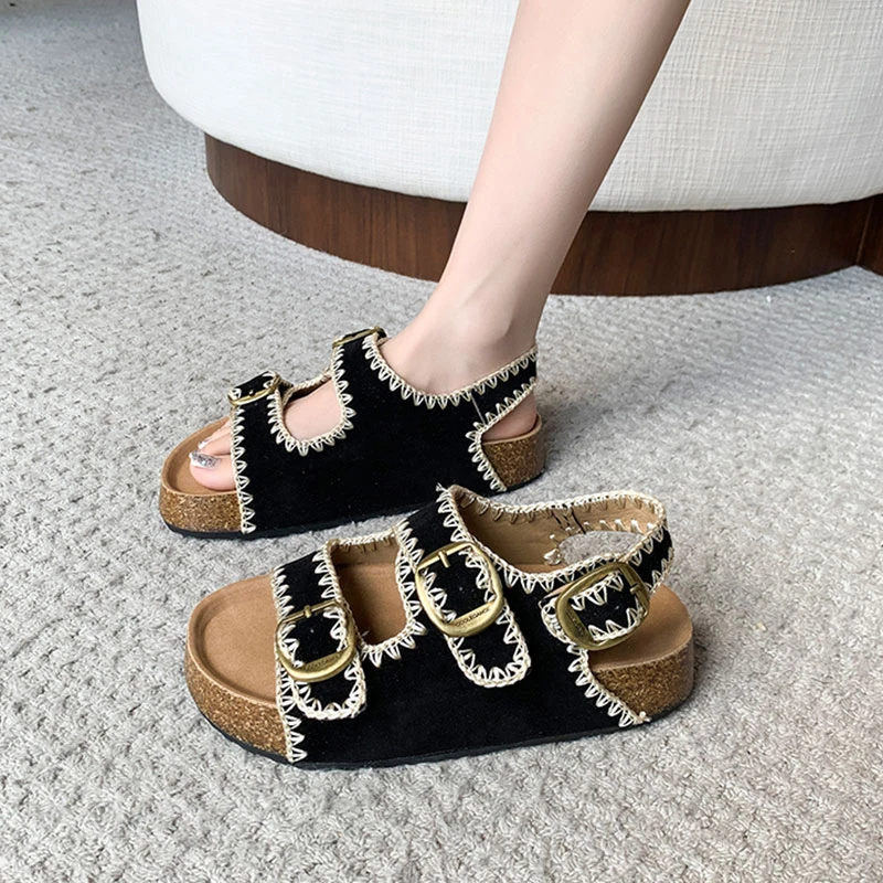 时尚小众设计感厚底勃肯拖鞋女2025夏季外穿百搭休闲简约一字凉鞋