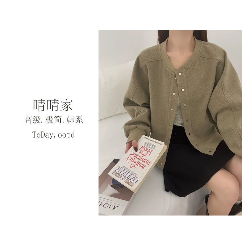 晴晴家-【许月凉薄】韩系秋季简约舒适百搭单排扣时尚短款外套3411
