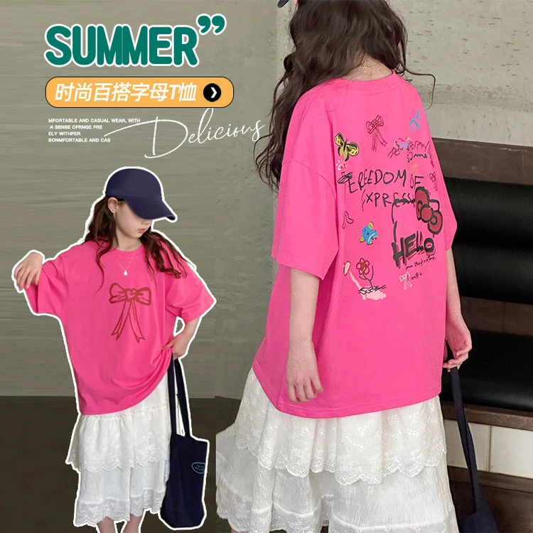 女童套装夏装2025新款女孩宽松蝴蝶结短袖上衣花边蕾丝裙两件套