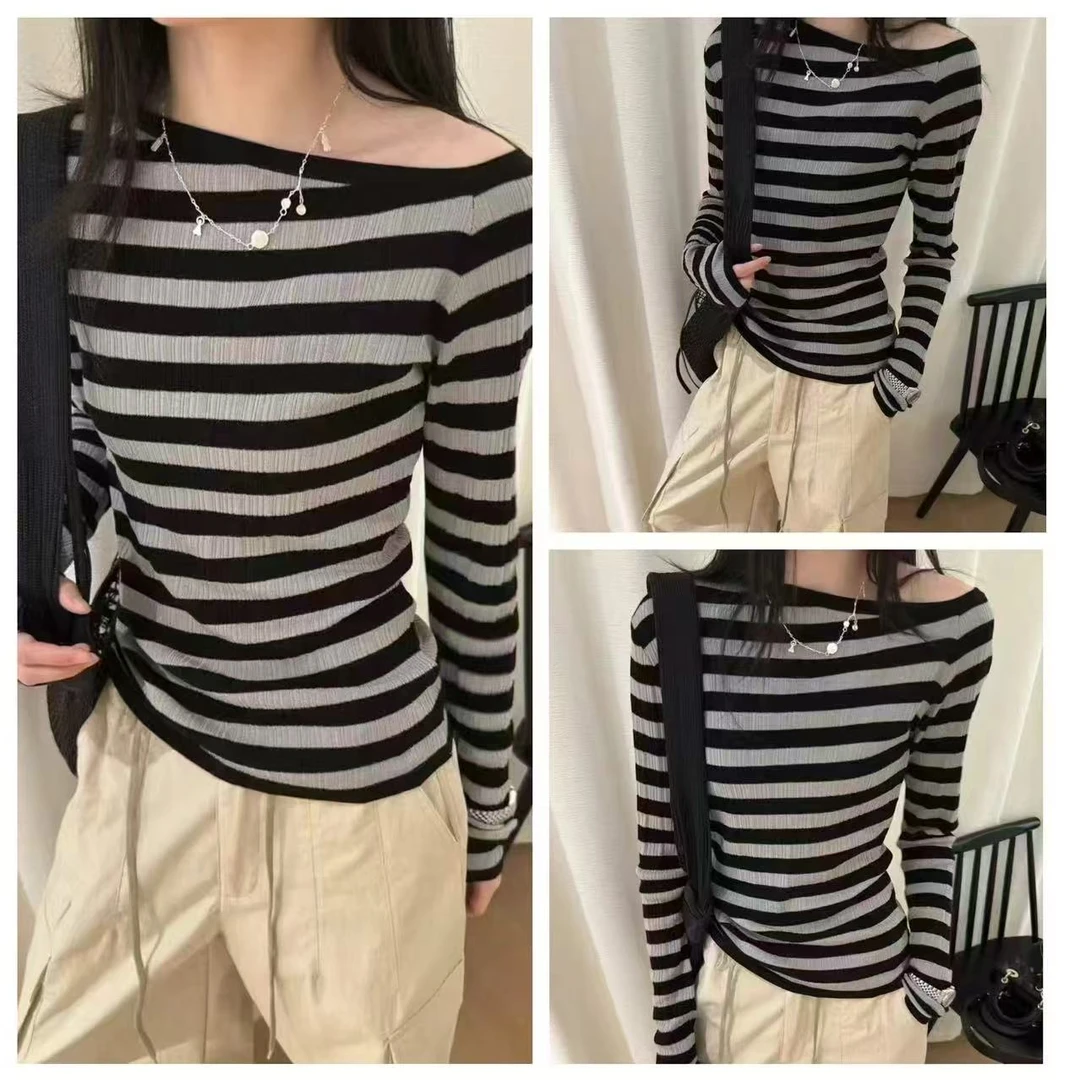 田子优选服饰#3402✔ 25年春季新款时尚条纹斜肩条纹长袖网红T恤