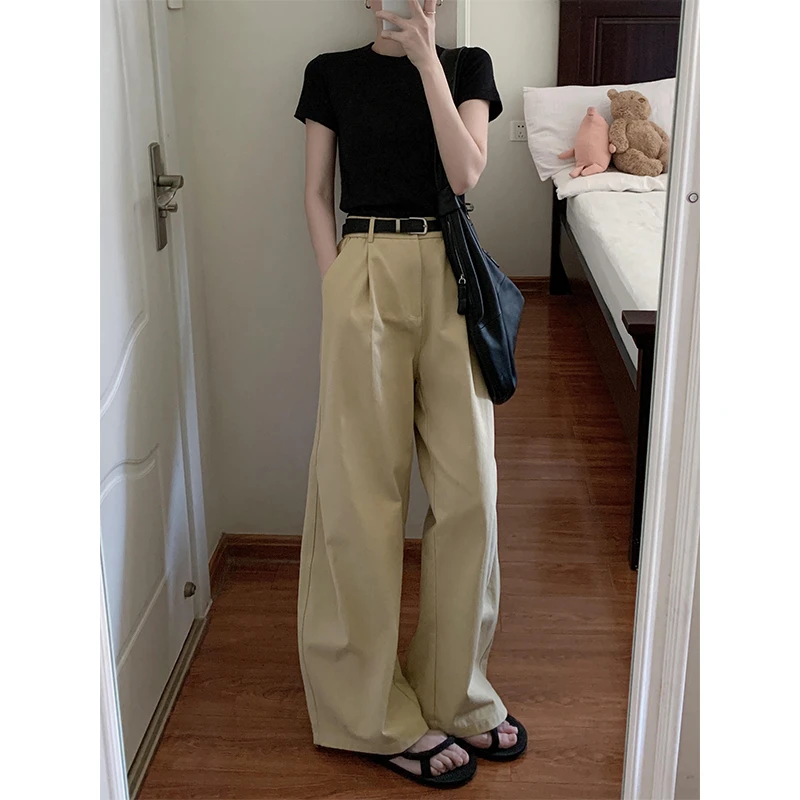 巨好看卡其色休闲阔腿裤女款直筒宽松bf慵懒风2025独特超好看裤子