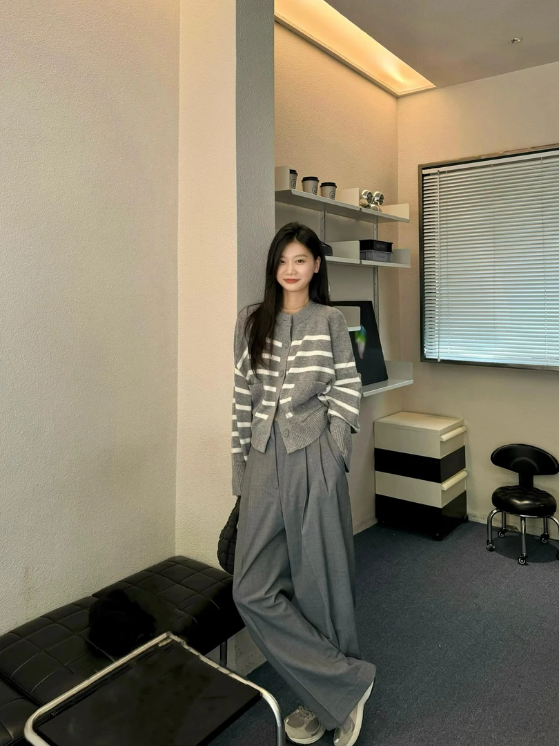 美式复古慵懒风撞色条纹长袖针织开衫女秋冬小众宽松外搭毛衣外套