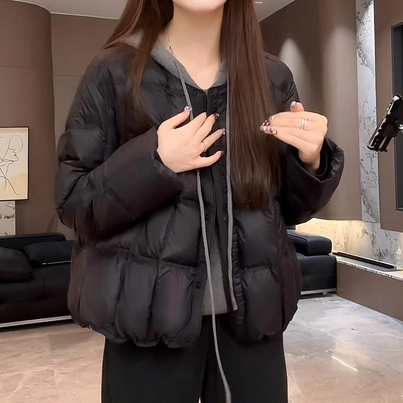 韩系轻薄圆领气质棉服女2025冬季新款大码胖MM显瘦百搭保暖外套