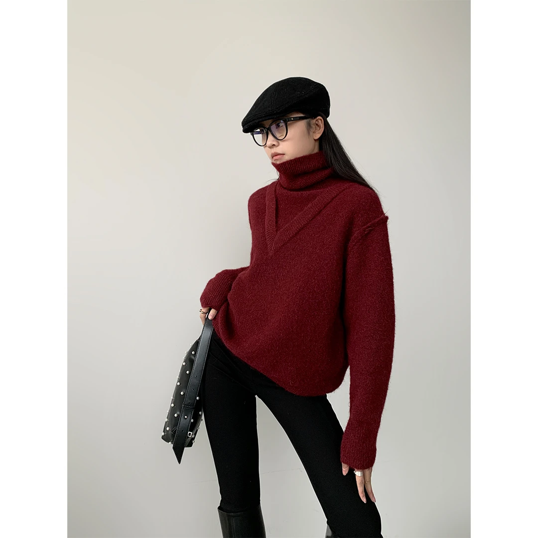 P0111Z3542 设计感羊毛高领拼接针织毛衣纯色宽松套头上衣08.05抖