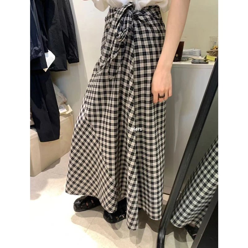【夏央家】2025春季新款棉麻黑白格子设计感绑带半身裙#6635