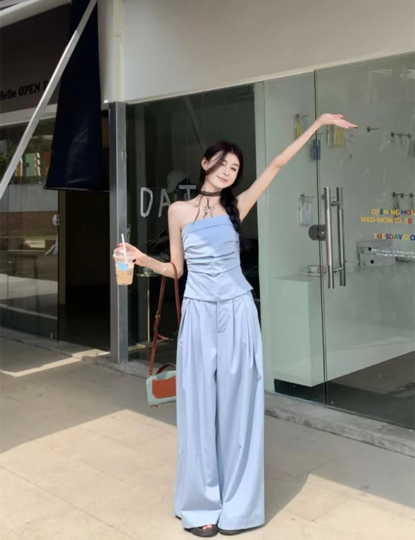 6522韩系穿搭套装女夏季新款气质抹胸上衣+休闲阔腿裤两件套