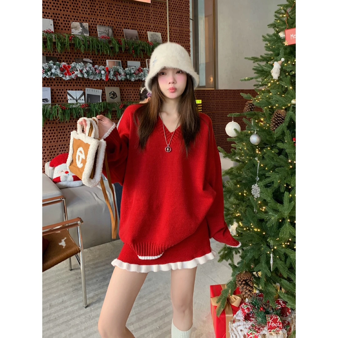 人间梦露~秋冬V领针织衫毛衣女设计感花边半身裙套装Y1232