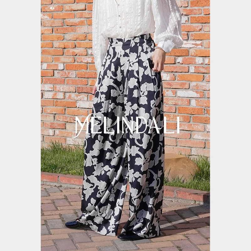 Melinda Li【剪影香纱】私服立体倒褶收腰高弹双面印花宽松阔腿裤