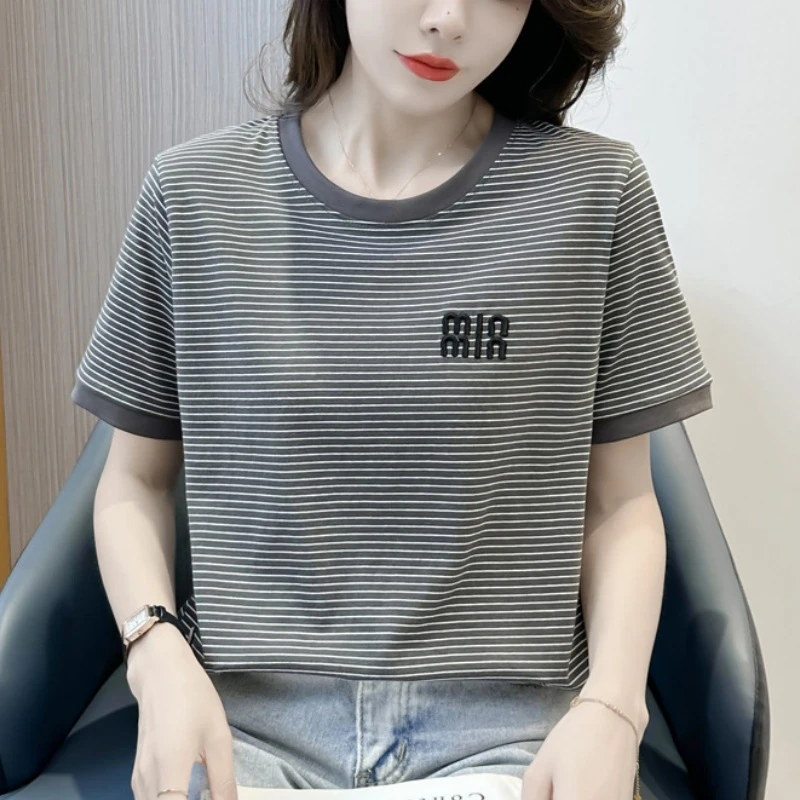 纯棉条纹短袖t恤女2025夏季新款灰色正肩宽松遮肚体恤减龄上衣潮