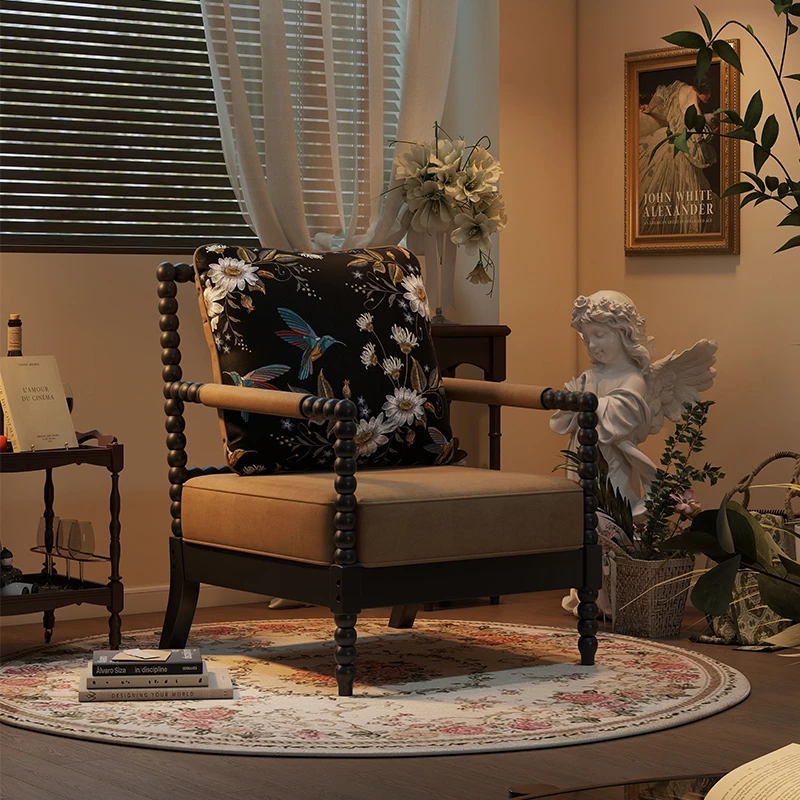 阑珊阁法式沙发椅复古实木单人沙发珍珠椅客厅休闲靠背椅老虎椅