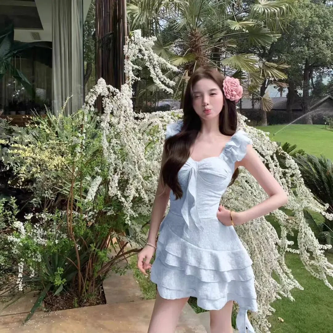 钢圈定型杯连体裙平角短裤泳衣少女感粉粉多层裙摆遮肉