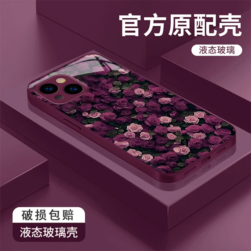 适用【苹果14plus】手机壳红玫瑰金属漆玻璃壳防摔手绳女款时尚